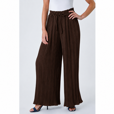 Brown Petite Pleated Elastic Waist Wide Leg FLAPPER