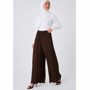 Brown Petite Pleated Elastic Waist Wide Leg FLAPPER