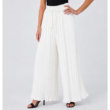 White Petite Pleated Elastic Waist Wide Leg FLAPPER