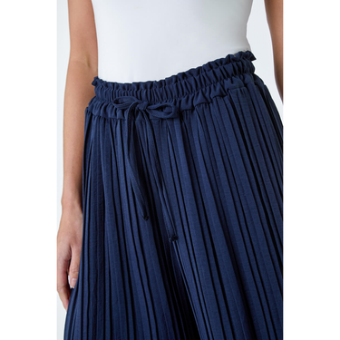 Navy Petite Pleated Elastic Waist Wide Leg Flapper