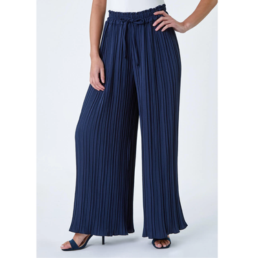 Navy Petite Pleated Elastic Waist Wide Leg Flapper