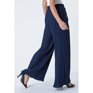 Navy Petite Pleated Elastic Waist Wide Leg Flapper