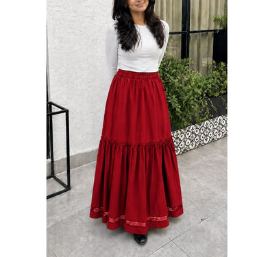 Tiered Maxi Skirt With Elastic Waistband - Red