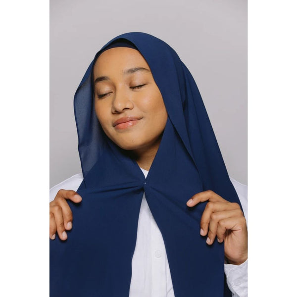 Instant Georgette Hijab with Inner Cap & Magnetic Closure - Navy Blue