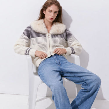 Zara Style Winter Teddy Jacket - Grey Stripe