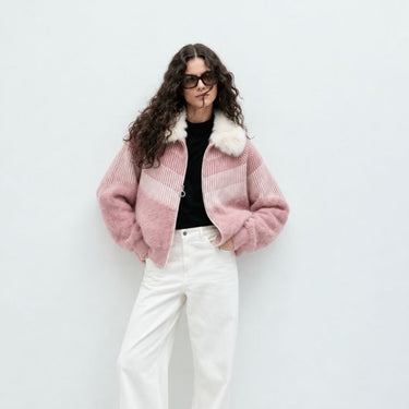 Zara Style Winter Teddy Jacket - Pink Stripe