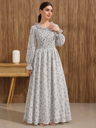 Ivory Luxe Smocked Floral Maxi Dress