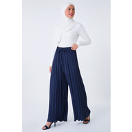 Navy Petite Pleated Elastic Waist Wide Leg Trousers