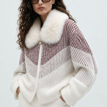 Zara Style Winter Teddy Jacket - Burgundy Stripe