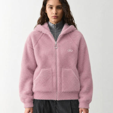 Plush Wool-Blend Zip Hoodie - Soft Rose