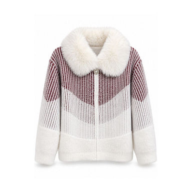 Zara Style Winter Teddy Jacket - Burgundy Stripe