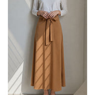 Knot Front Zip Back Flare Skirt - Caramel