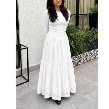 Tiered Maxi Skirt With Elastic Waistband - White
