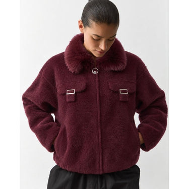Faux-Fur Collar Wool Zip Jacket - Deep Cherry