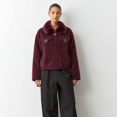 Faux-Fur Collar Wool Zip Jacket - Deep Cherry