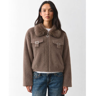 Faux-Fur Collar Wool Zip Jacket - Warm Taupe