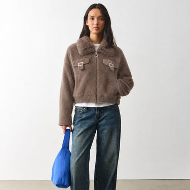 Faux-Fur Collar Wool Zip Jacket - Warm Taupe