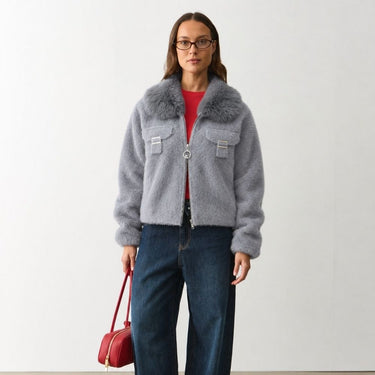 Faux-Fur Collar Wool Zip Jacket - Slate Grey