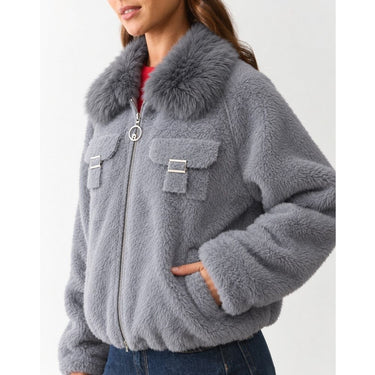 Faux-Fur Collar Wool Zip Jacket - Slate Grey
