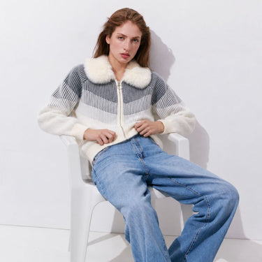 Zara Style Winter Teddy Jacket - Gray Stripe