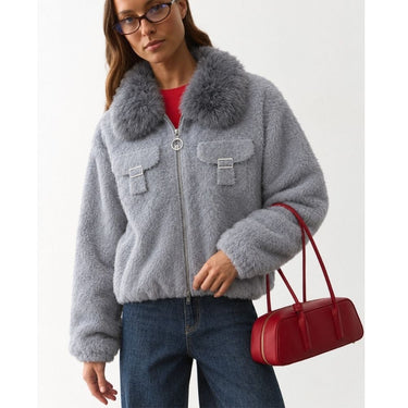 Faux-Fur Collar Wool Zip Jacket - Slate Grey