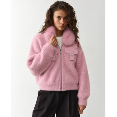 Faux-Fur Collar Wool Zip Jacket - Blush Pink