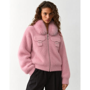 Faux-Fur Collar Wool Zip Jacket - Blush Pink