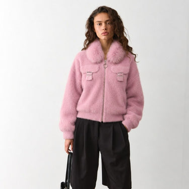Faux-Fur Collar Wool Zip Jacket - Blush Pink