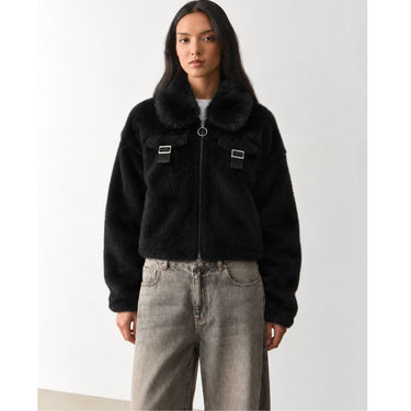Faux-Fur Collar Wool Zip Jacket - Classic Black