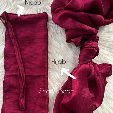 Crinkle Silk Hijab Niqab Set - Wine