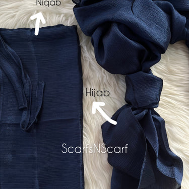 Crinkle Silk Hijab Niqab Set - Navy Blue